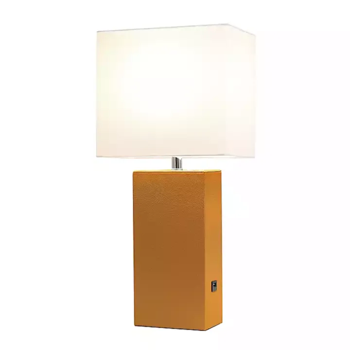 Caramel Faux Leather Charging Table Lamp