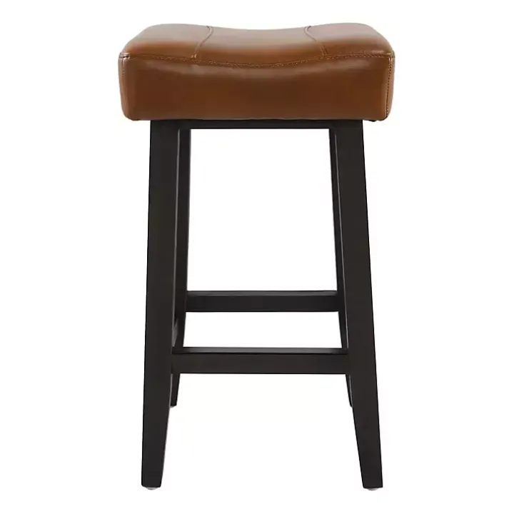 Caramel Wood and Faux Leather Backless Stool