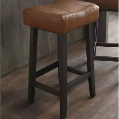 Caramel Wood and Faux Leather Backless Stool