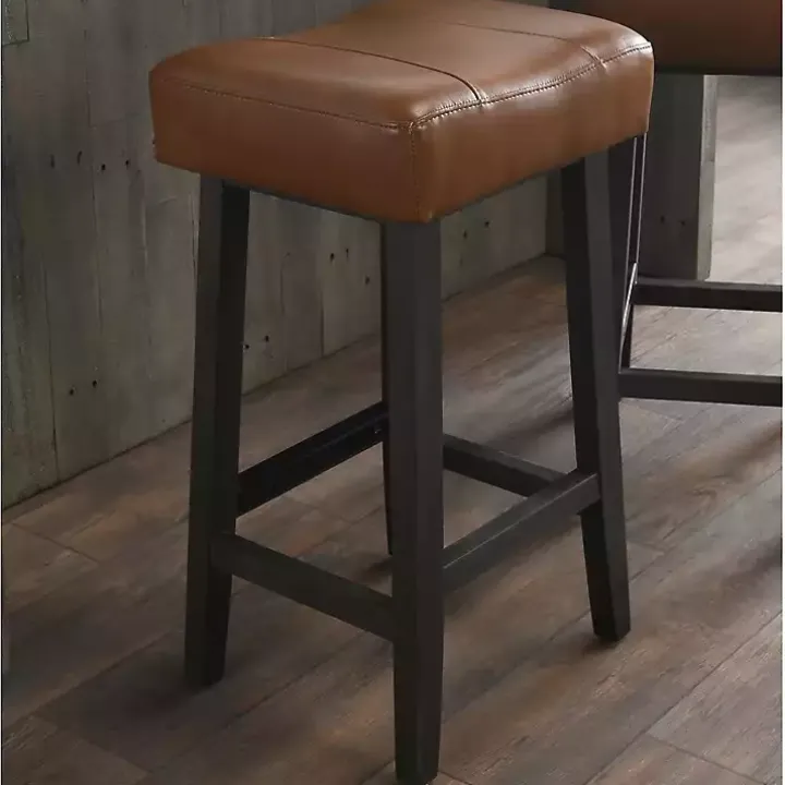 Caramel Wood and Faux Leather Backless Stool