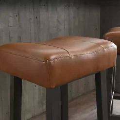 Caramel Wood and Faux Leather Backless Stool