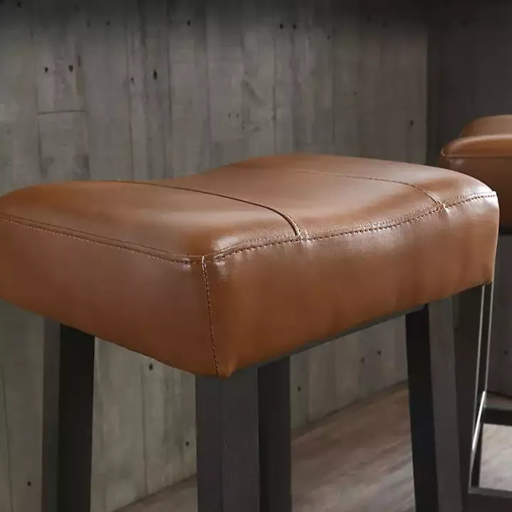 Caramel Wood and Faux Leather Backless Stool