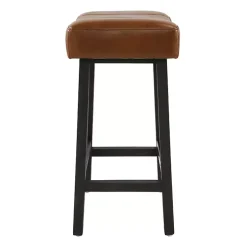 Caramel Wood and Faux Leather Backless Stool