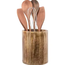 Carved Mango Wood Utensil Crock