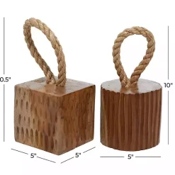 Carved Teak Wood and Rope Door Stoppers, Set of 2