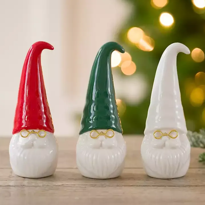 Ceramic Santa Gnomes with Glasses, Set of 3