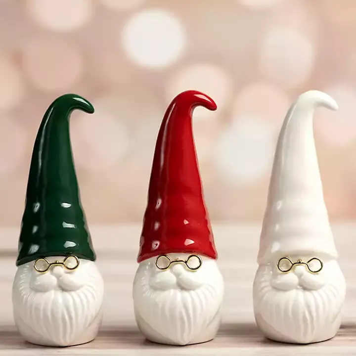 Ceramic Santa Gnomes with Glasses, Set of 3
