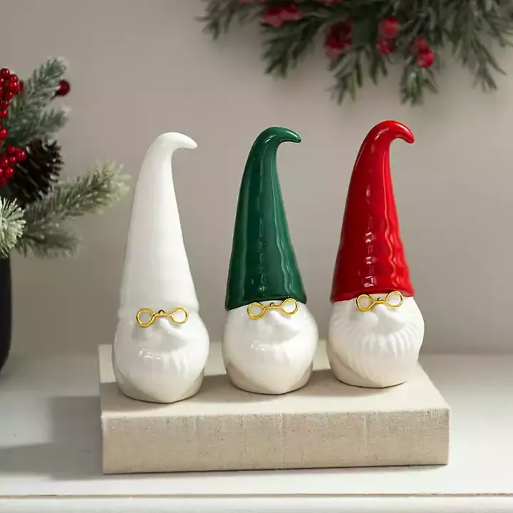 Ceramic Santa Gnomes with Glasses, Set of 3