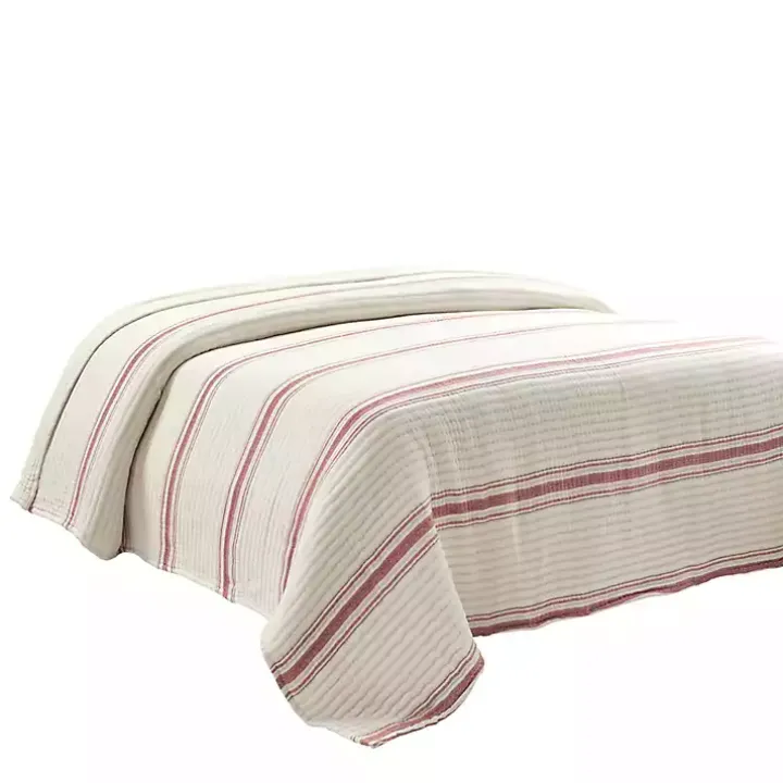 Cherry Red Pick Stitch Stripe Queen Quilt