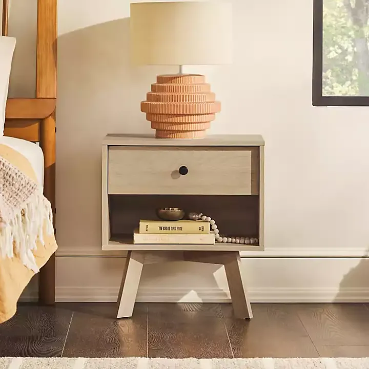 Coastal Oak Wood Mid-century Modern Nightstand