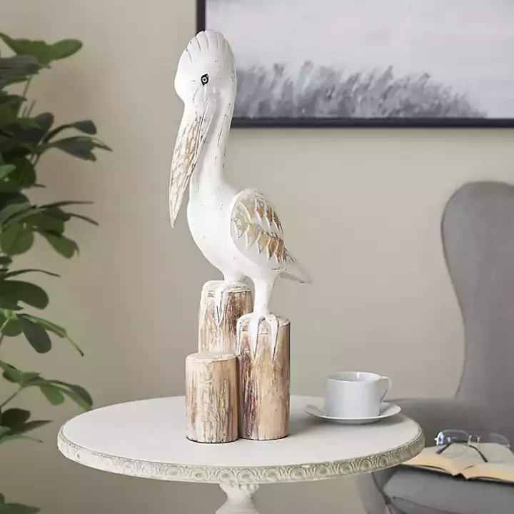 Coastal Pelican Wood Statue