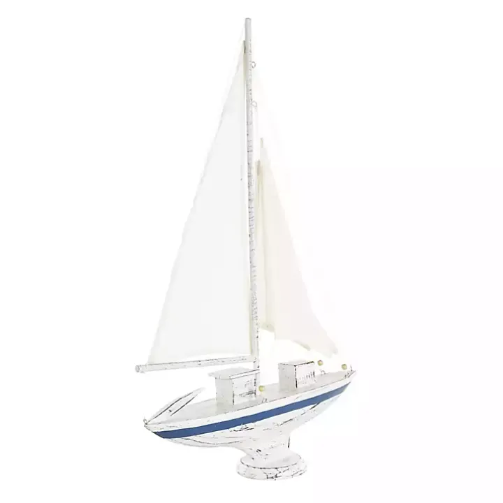 Coastal White and Blue Sailboat Statue