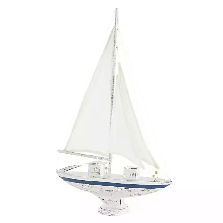 Coastal White and Blue Sailboat Statue