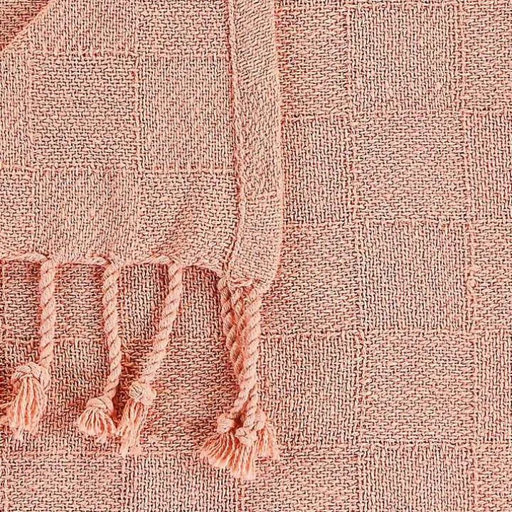 Coral Checkered Weave Fringe Throw