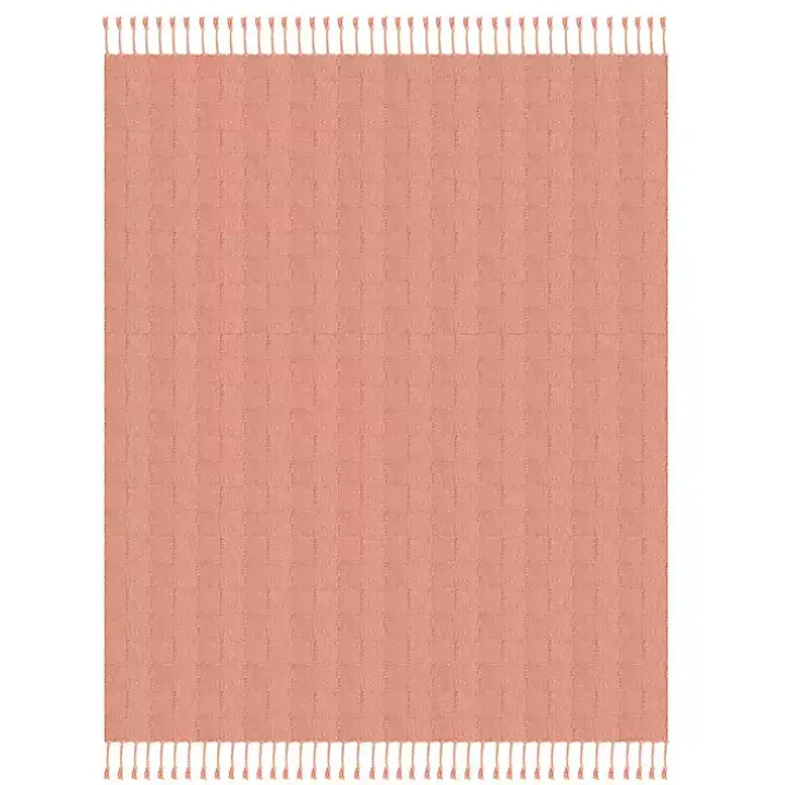 Coral Checkered Weave Fringe Throw