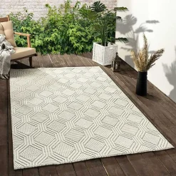 Cream and Blue Geo Indoor/Outdoor Area Rug, 7x9