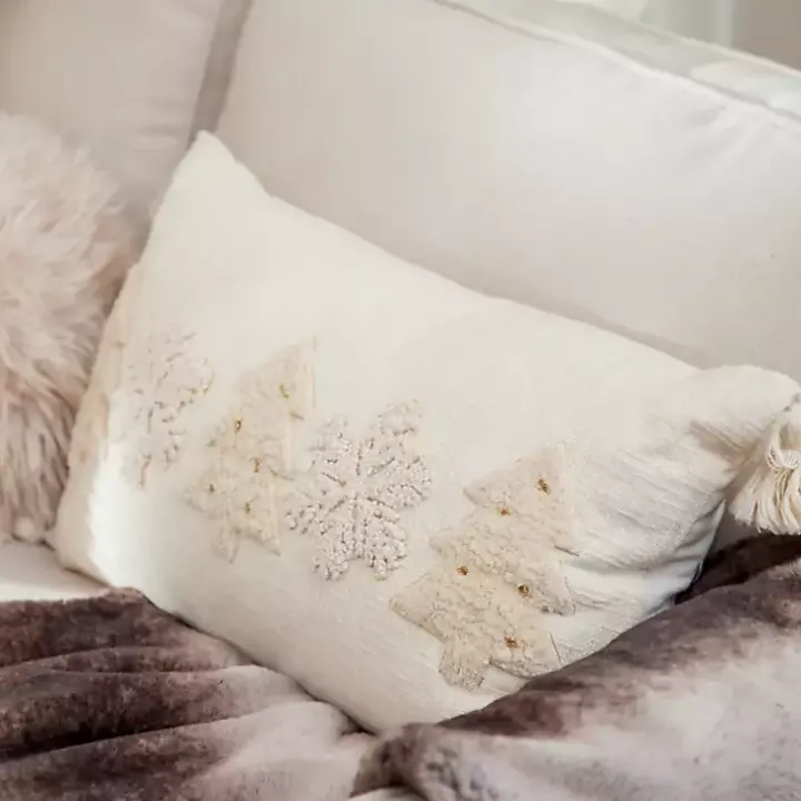 Cream Embroidered Trees Lumbar Pillow
