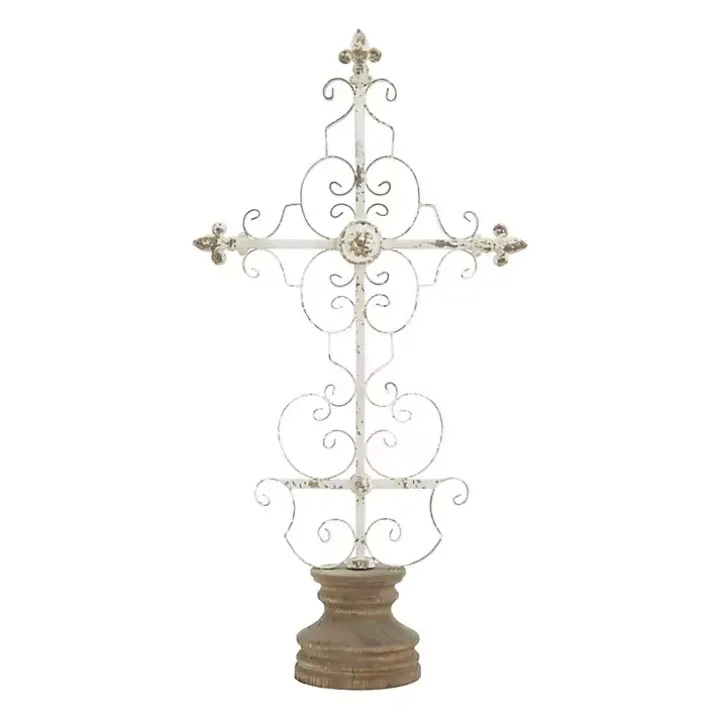 Cream Metal Ornate Cross Tabletop Sculpture