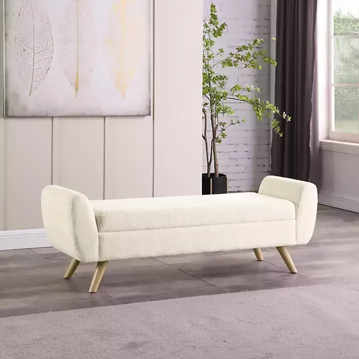 Cream Sherpa and Wood Storage Bench