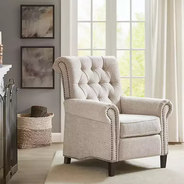 Cream Tufted Back Nailhead Trim Recliner Armchair