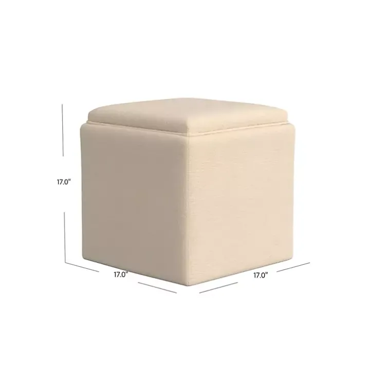 Cream Upholstered Storage Ottoman with Tray Top