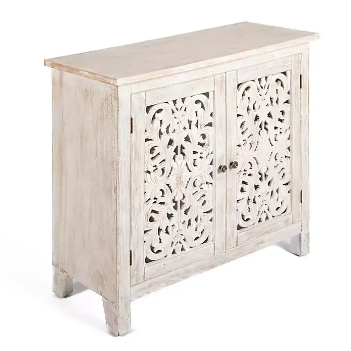 Cream Washed Wood Carved Door Cabinet