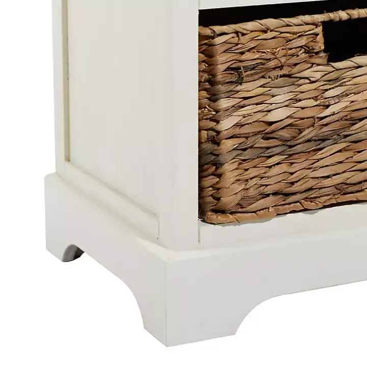 Cream Wood Side Table with Woven Baskets