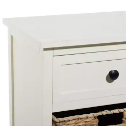 Cream Wood Side Table with Woven Baskets