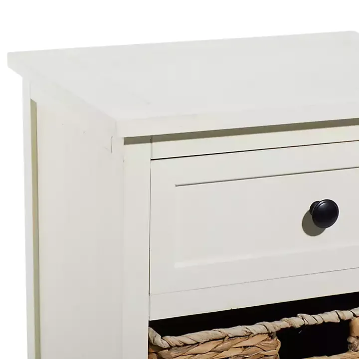 Cream Wood Side Table with Woven Baskets