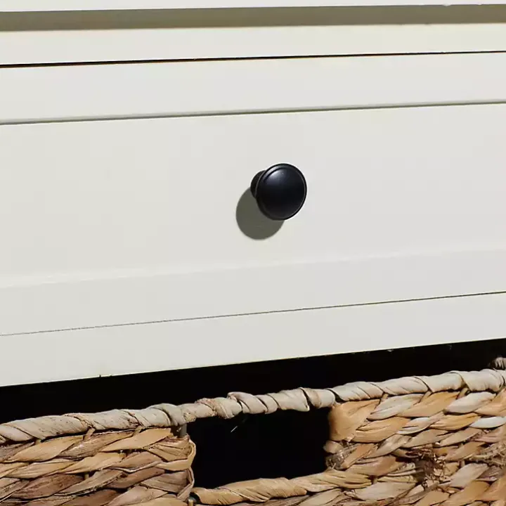 Cream Wood Side Table with Woven Baskets