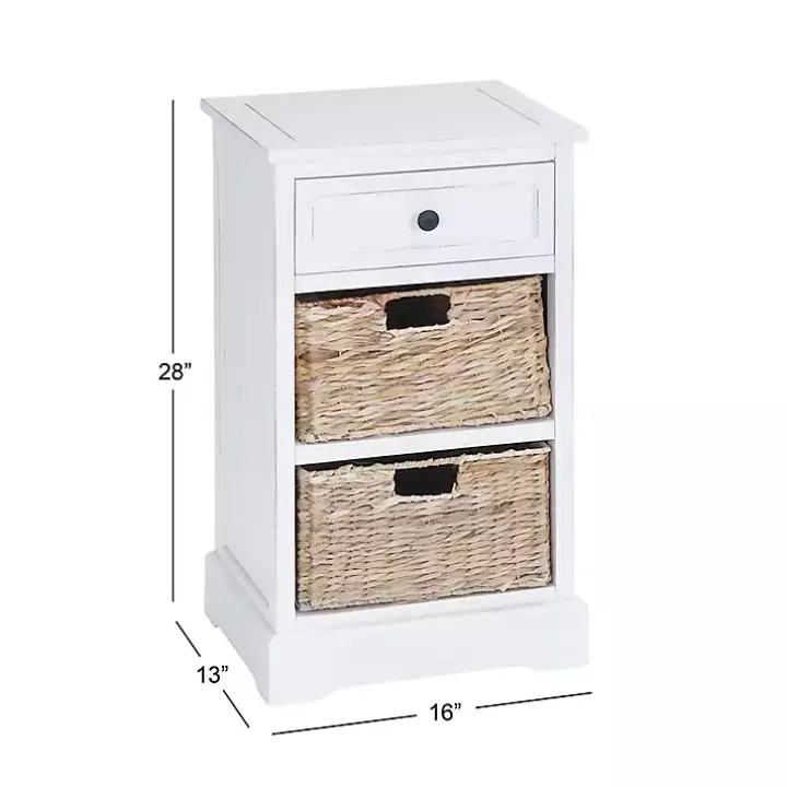 Cream Wood Side Table with Woven Baskets