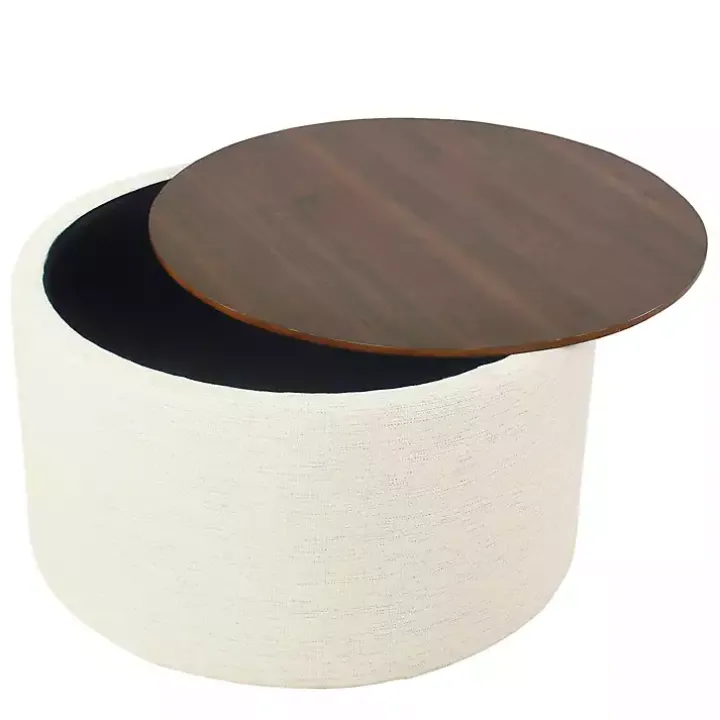 Cream Woven Wood Top Storage Ottoman
