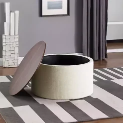 Cream Woven Wood Top Storage Ottoman