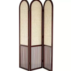 Dark Wood & Rattan Arched Trifold Room Divider
