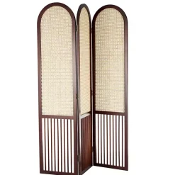 Dark Wood & Rattan Arched Trifold Room Divider