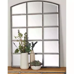 Distressed Black Metal Windowpane Arched Mirror