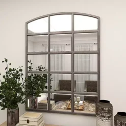 Distressed Black Metal Windowpane Arched Mirror