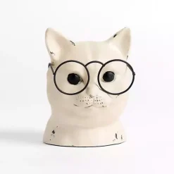 Distressed Cream Cat with Glasses Figurine