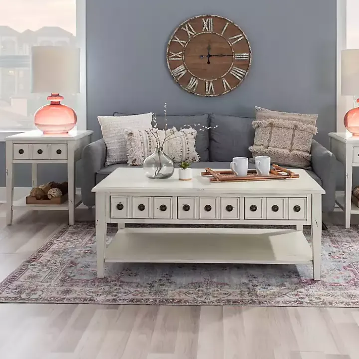 Distressed Cream Wood 3-Drawer Coffee Table