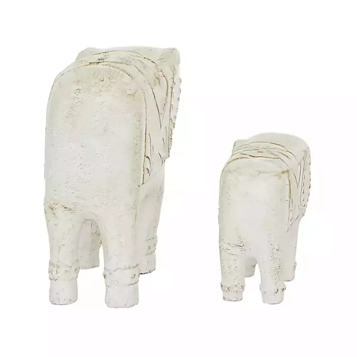 Distressed White Carved Elephant Statues, Set of 2