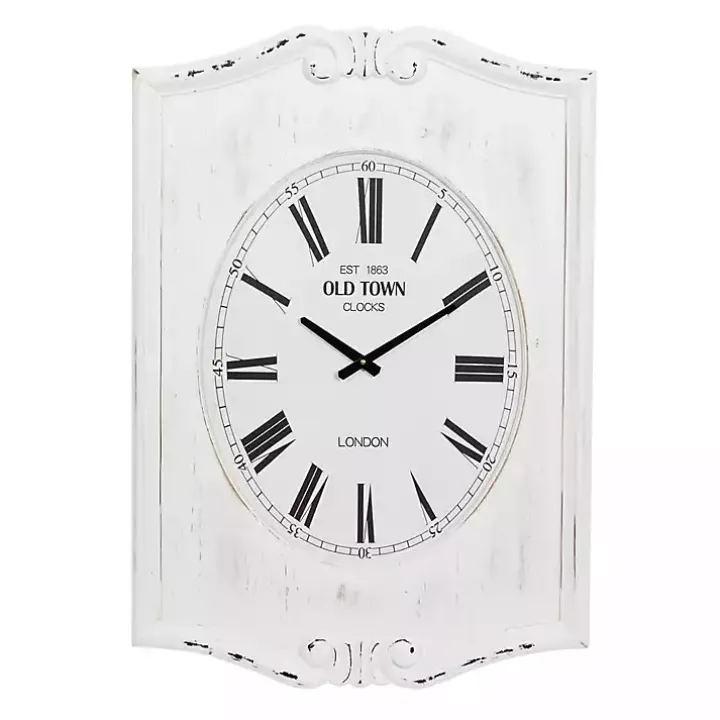 Distressed White Wood Scroll Wall Clock