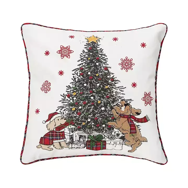 Dogs Around Christmas Tree Throw Pillow