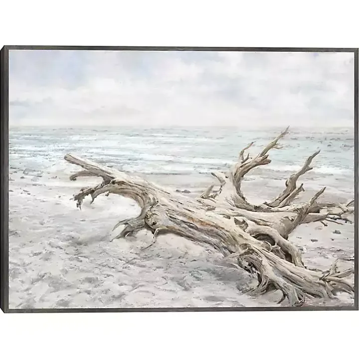 Driftwood On The Beach Framed Canvas Art Print