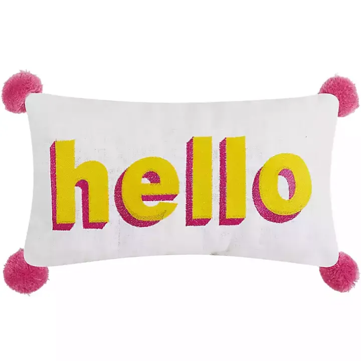 Embroidered Hello Pom Pom Lumbar Pillow