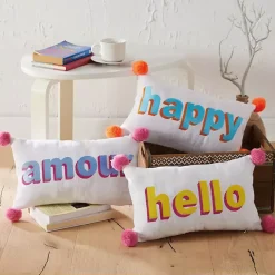 Embroidered Hello Pom Pom Lumbar Pillow
