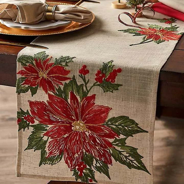 Embroidered Holly Poinsettia Table Runner