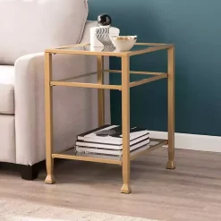 Gold Metal and Tempered Glass Side Table
