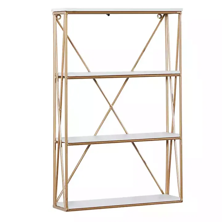 Gold X-Frame Daisy White Wood Wall Shelf