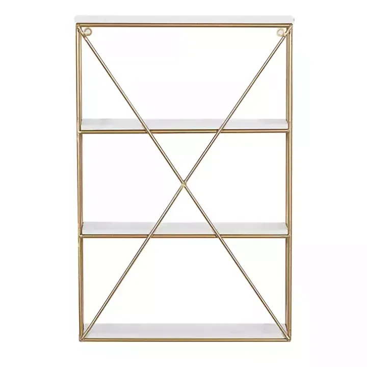 Gold X-Frame Daisy White Wood Wall Shelf