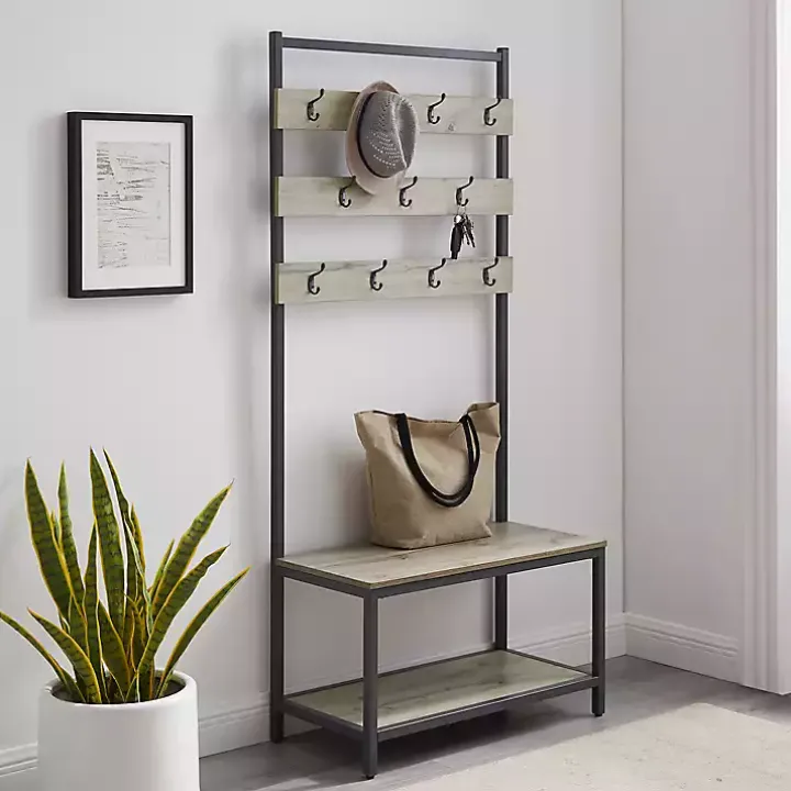 Gray and Black Wood Bench Hall Tree